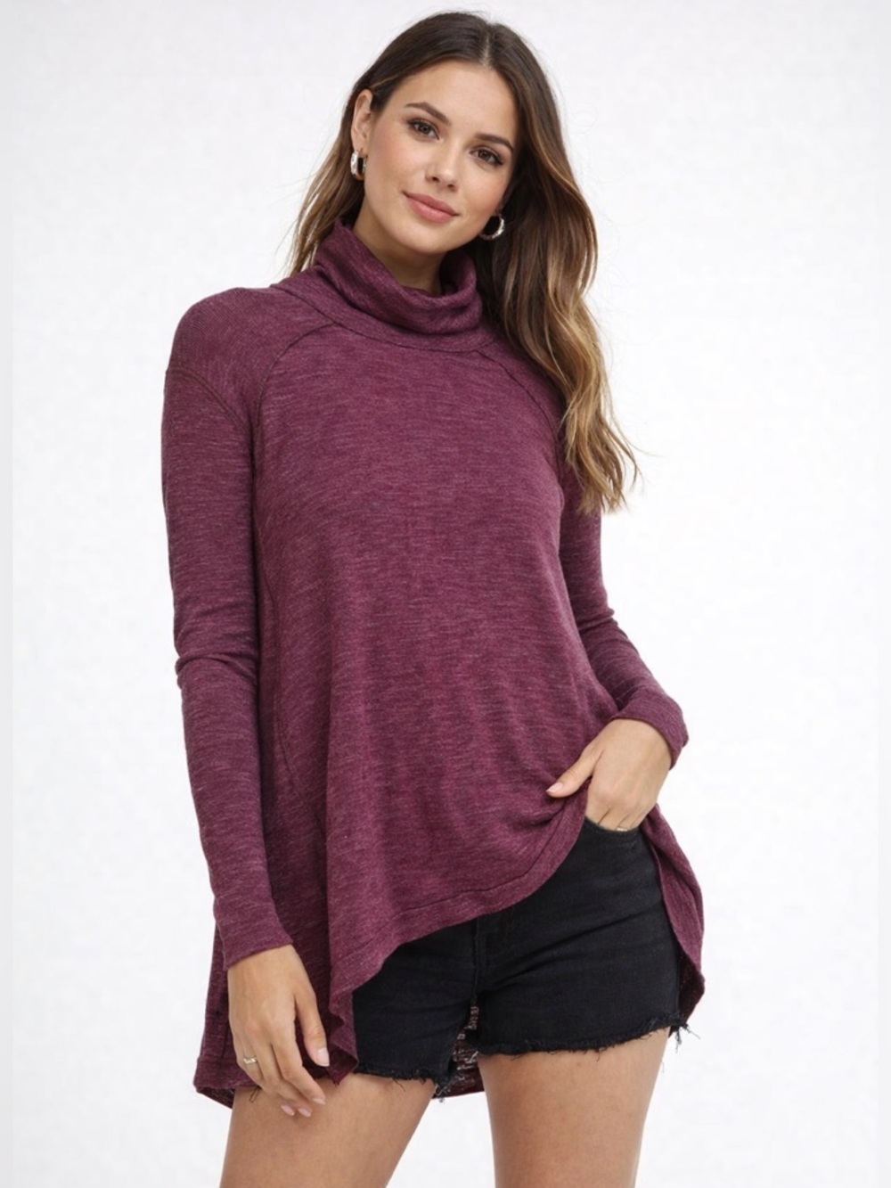Free People Top Split Back Turtleneck Pullover Sweater Burgundy Purple